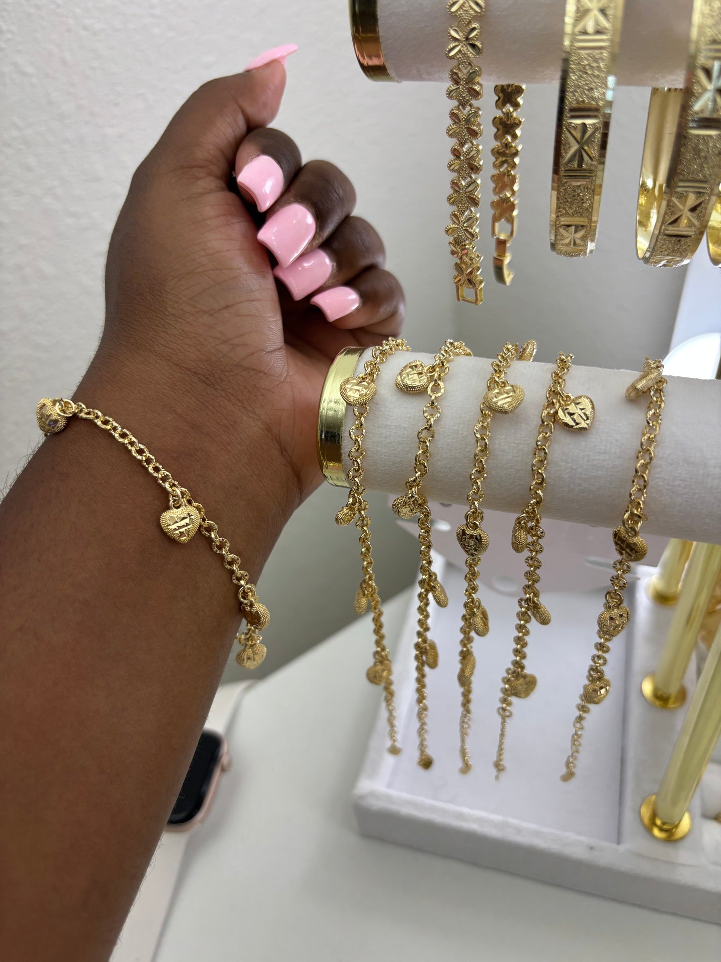 GOLD FILLED DANGLY HEARTS BRACELET
