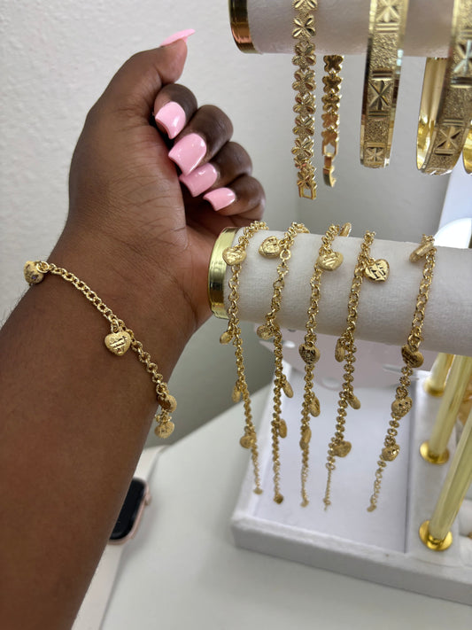GOLD FILLED DANGLY HEARTS BRACELET