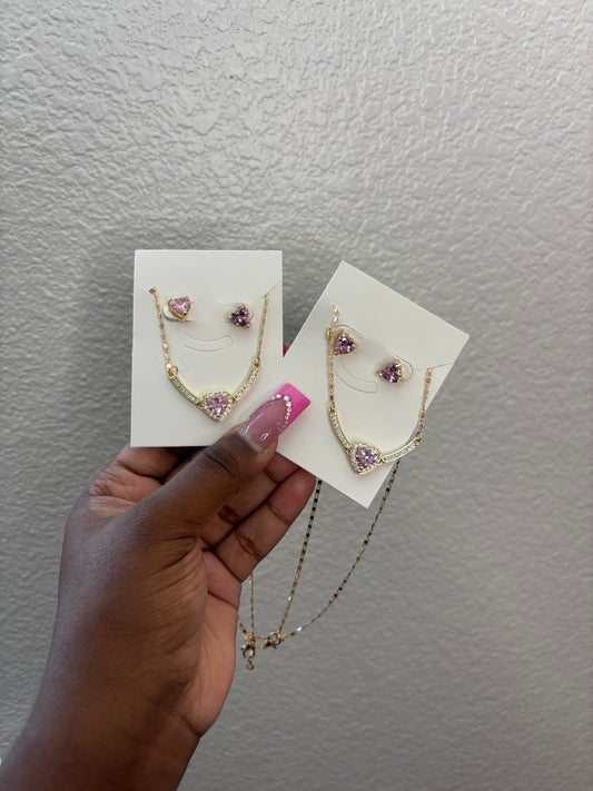 PINK NECKLACE + STUDS SET