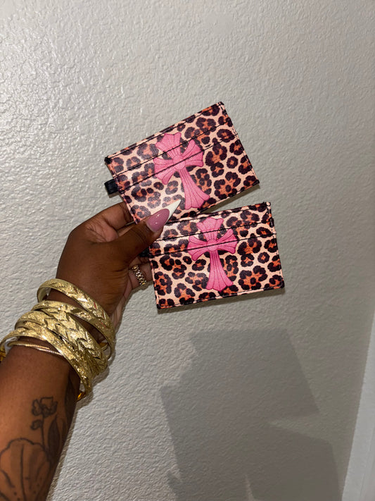 PINK CHROME HEART LEOPARD PRINT CARDHOLDER