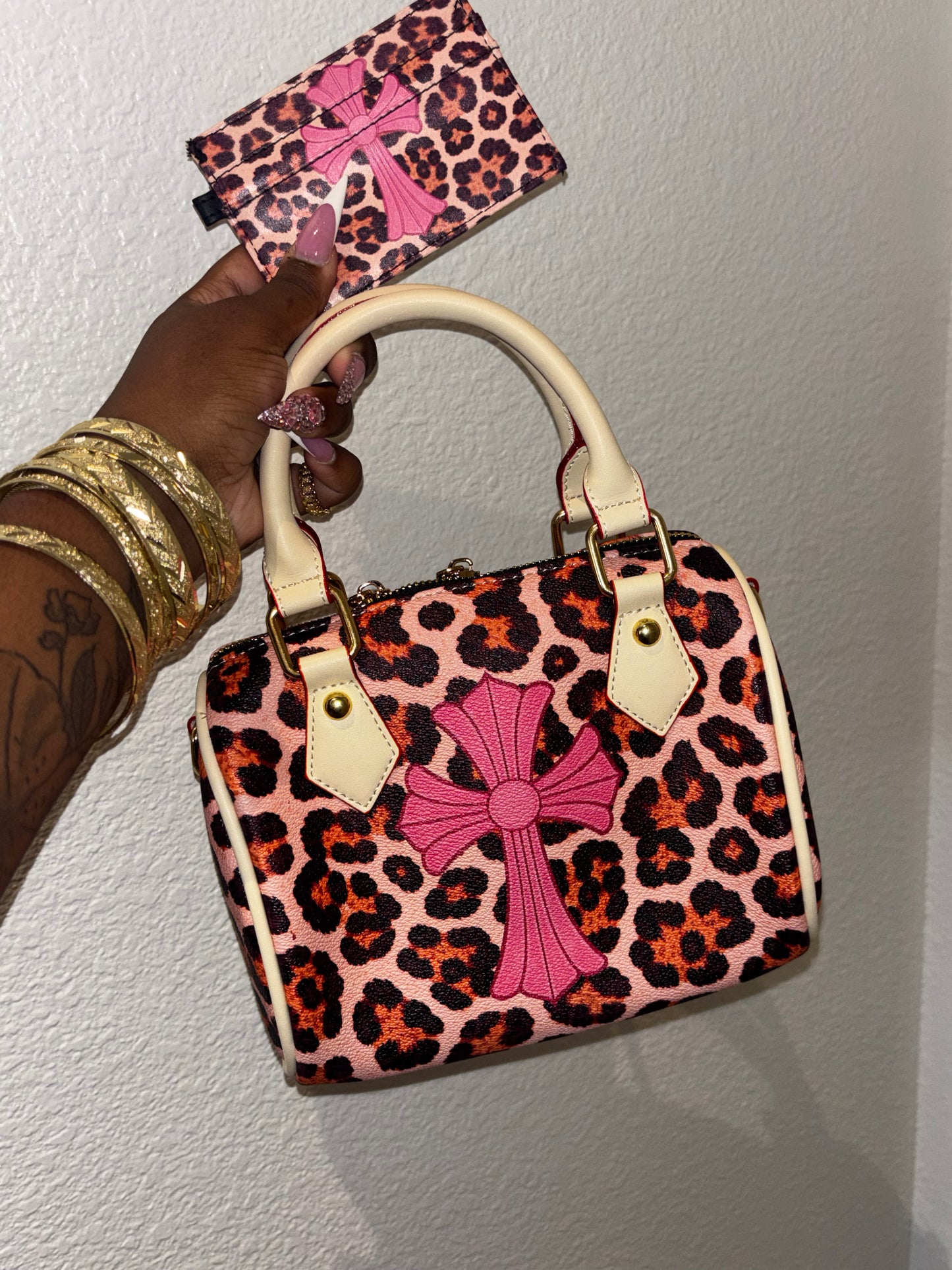PINK CHROME HEART LEOPARD PRINT PURSE